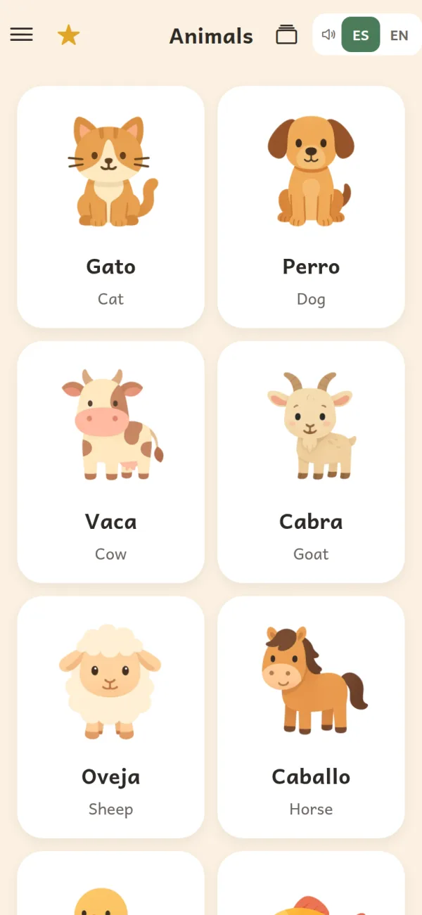 The Animals cards in Spanish: gato, perro, vaca, cabra, oveja, caballo