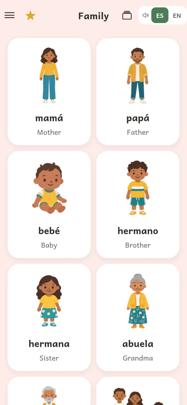 The Family cards in Spanish: mamá, papá, bebé, hermano, hermana, abuela