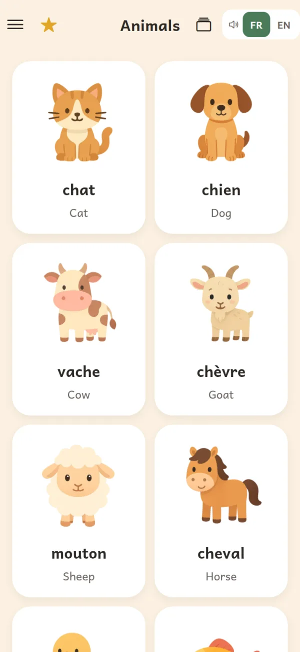 First100 in French: the Animals cards