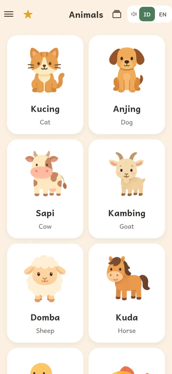 First100 in Indonesian: the Animals cards